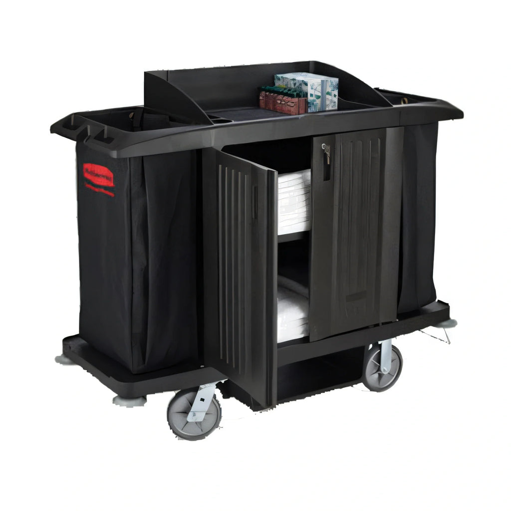 Rubbermaid Housekeeping Cart — With Doors & Bag, Black